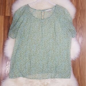 Cabi Green and Blue Dot Semi Sheer Blouse Medium